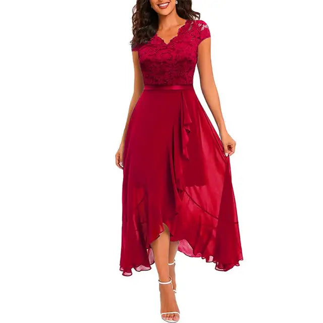 Women’s Party Dress – A-Line Fit – Lace Bodice – High-Low Hem – Ruffle Skirt Detail