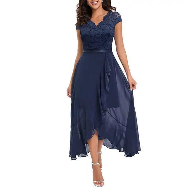 Women’s Party Dress – A-Line Fit – Lace Bodice – High-Low Hem – Ruffle Skirt Detail