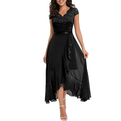 Women’s Party Dress – A-Line Fit – Lace Bodice – High-Low Hem – Ruffle Skirt Detail