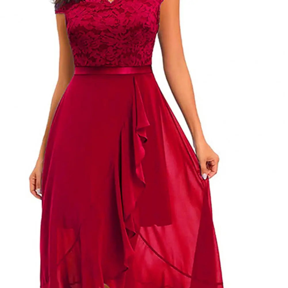 Women’s Party Dress – A-Line Fit – Lace Bodice – High-Low Hem – Ruffle Skirt Detail