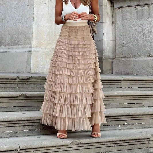 Elegant Pleated Mesh Midi Skirt for Women with Ruffle Detail