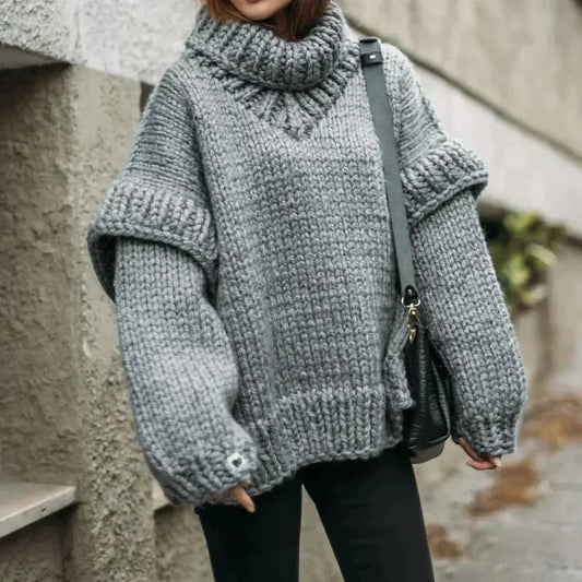 Women’s Turtleneck Sweater – Oversized Fit – Chunky Wool Knit – Ribbed Detailing