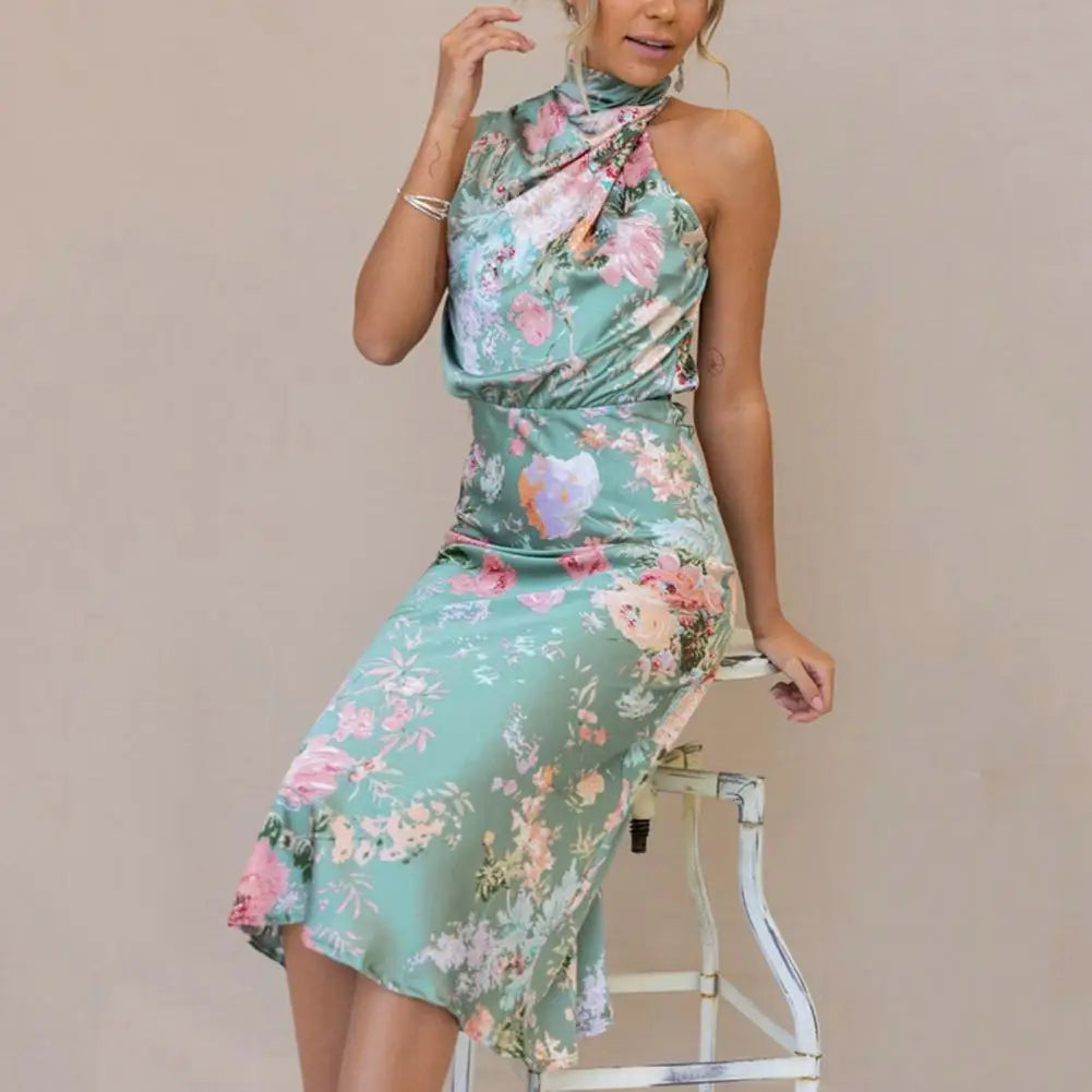 Women's Halter Neck Midi Dress - Sleeveless A-Line - Elegant Floral Print