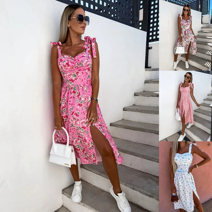 Women's Sundress - Sweetheart Neckline - A-Line Fit - Sleeveless with Side Slit - Floral Print