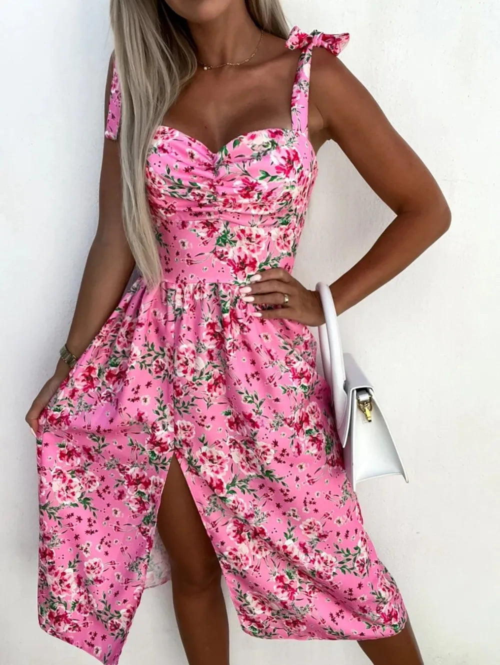 Women's Sundress - Sweetheart Neckline - A-Line Fit - Sleeveless with Side Slit - Floral Print