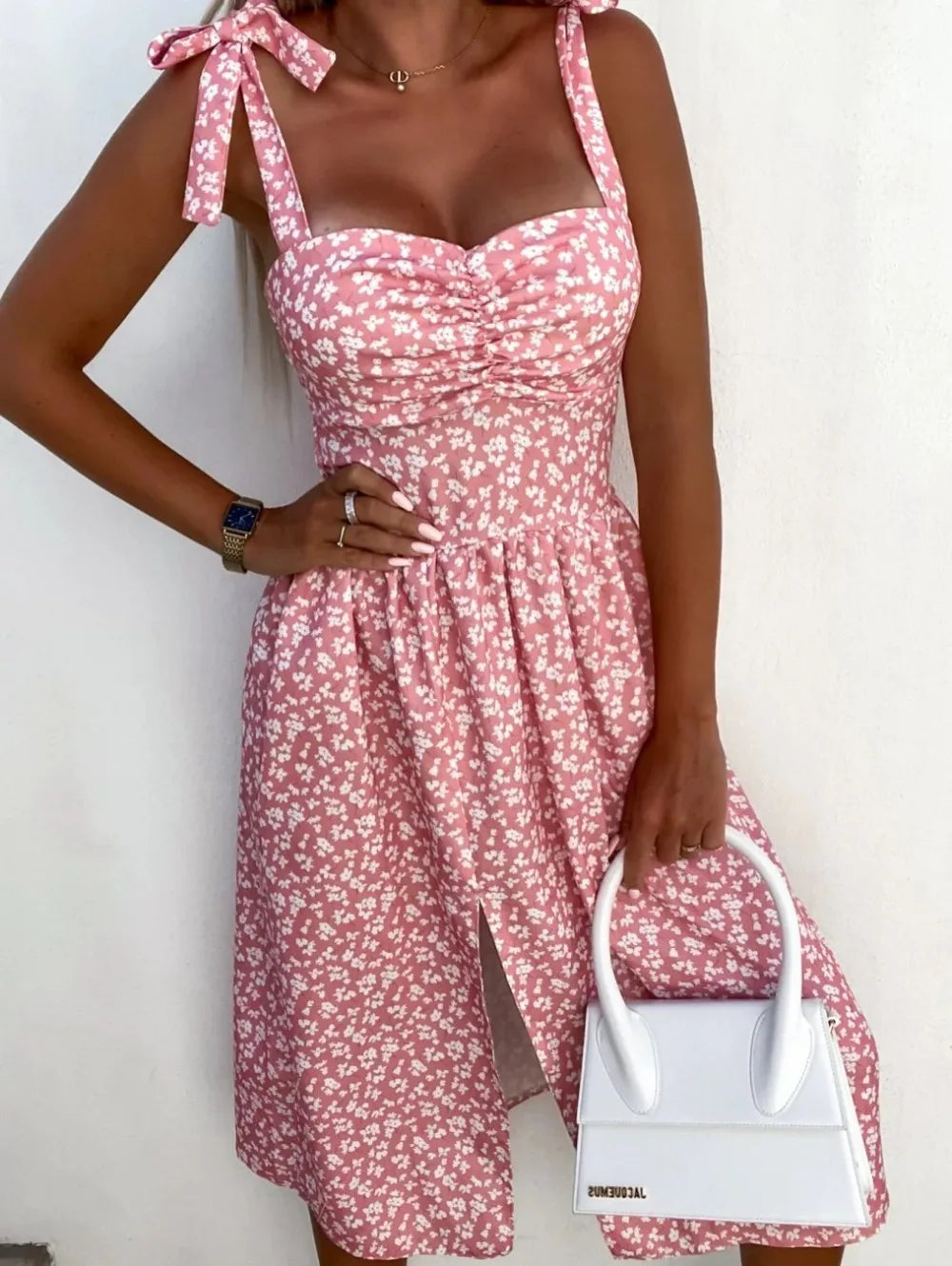 Women's Sundress - Sweetheart Neckline - A-Line Fit - Sleeveless with Side Slit - Floral Print