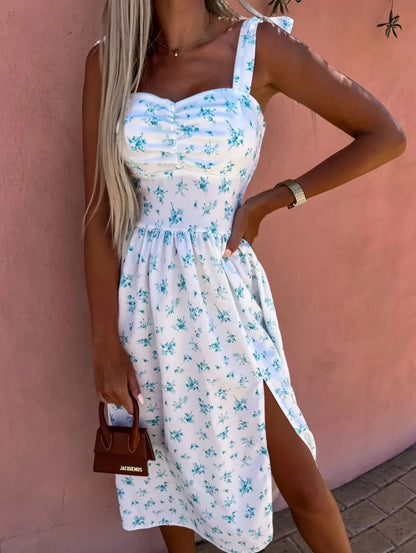 Women's Sundress - Sweetheart Neckline - A-Line Fit - Sleeveless with Side Slit - Floral Print