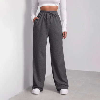 Women's Wide-Leg Trousers - High Waist - Drawstring Adjustable Fit - Soft Comfortable Fabric