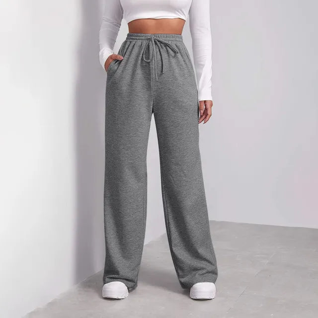 Women's Wide-Leg Trousers - High Waist - Drawstring Adjustable Fit - Soft Comfortable Fabric