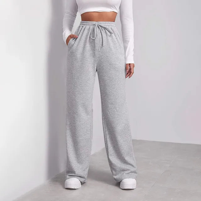 Women's Wide-Leg Trousers - High Waist - Drawstring Adjustable Fit - Soft Comfortable Fabric