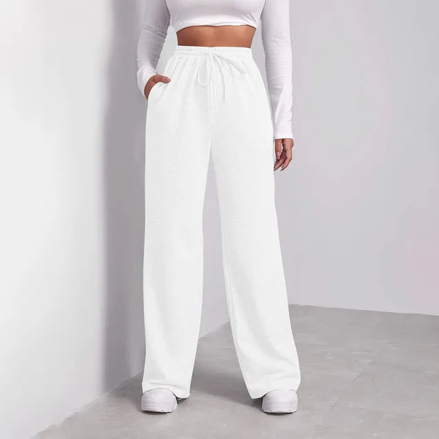 Women's Wide-Leg Trousers - High Waist - Drawstring Adjustable Fit - Soft Comfortable Fabric