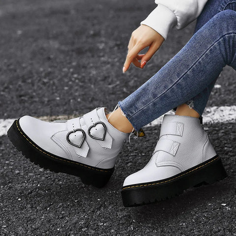 Women’s Ankle Boots – Chunky Sole – Heart Buckle Straps – Structured Fit
