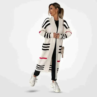 Women's elegant long knit cardigan with stripes