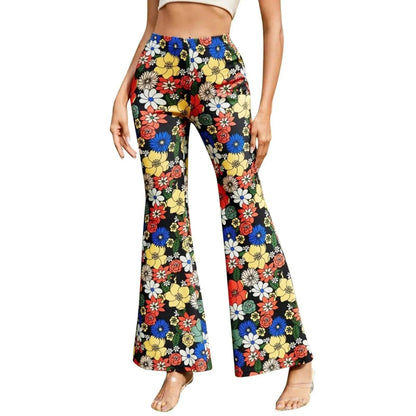 Women's Flared Trousers - High Waist - Stretchy Fabric - Bold Floral Print