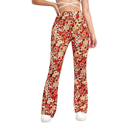 Women's Flared Trousers - High Waist - Stretchy Fabric - Bold Floral Print