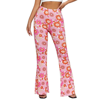 Women's Flared Trousers - High Waist - Stretchy Fabric - Bold Floral Print