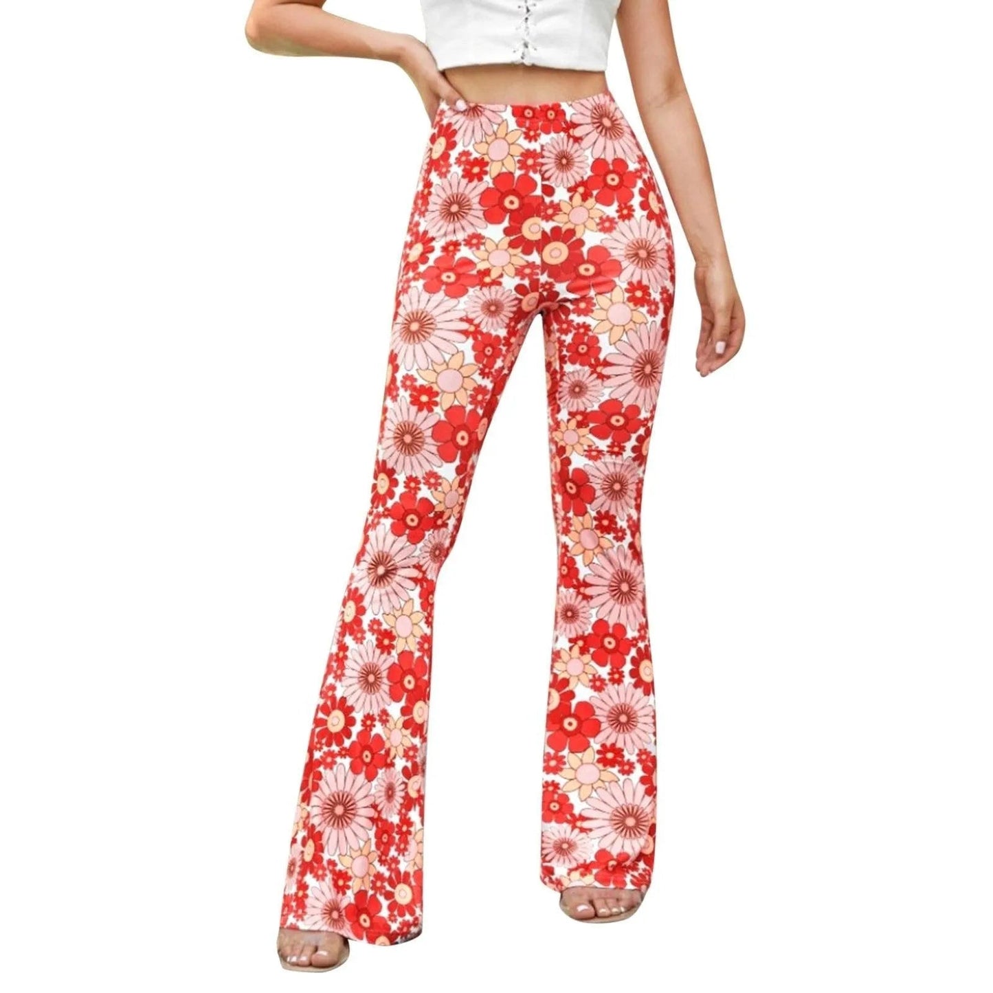 Women's Flared Trousers - High Waist - Stretchy Fabric - Bold Floral Print