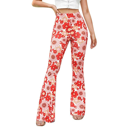 Women's Flared Trousers - High Waist - Stretchy Fabric - Bold Floral Print