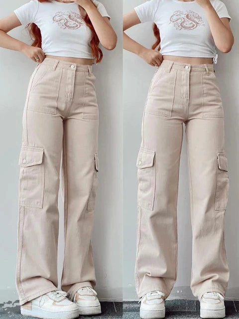Women's vintage high waist cargo pants with straight legs