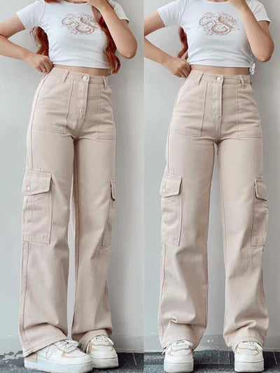 Women's vintage high waist cargo pants with straight legs