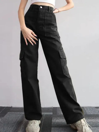 Women's vintage high waist cargo pants with straight legs