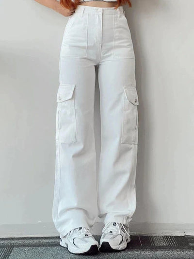 Women's vintage high waist cargo pants with straight legs