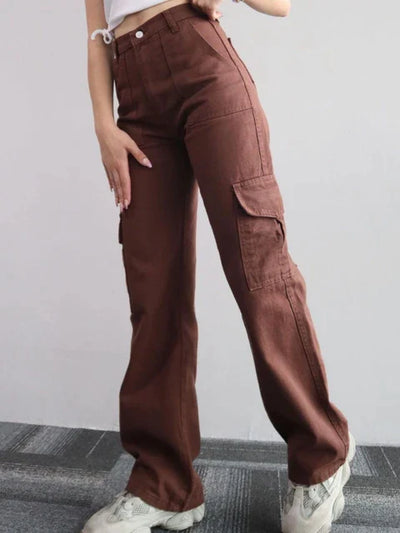 Women's vintage high waist cargo pants with straight legs