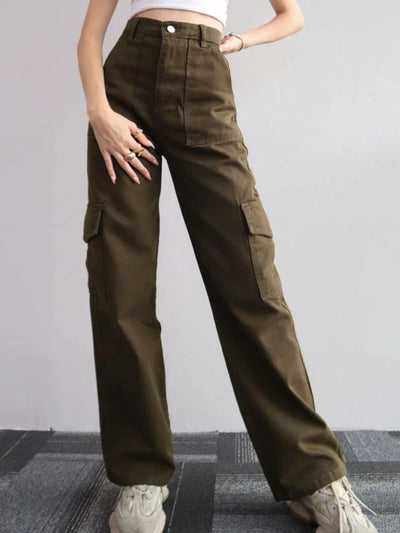 Women's vintage high waist cargo pants with straight legs