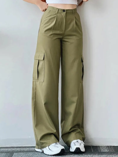 Women's vintage high waist cargo pants with straight legs