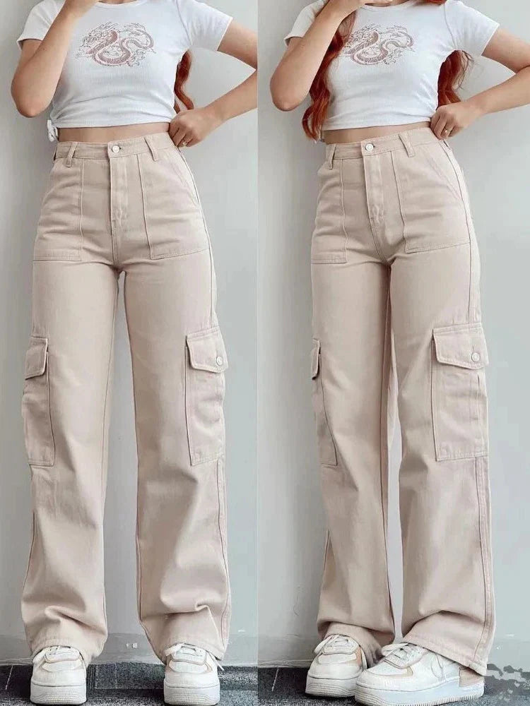 Women's vintage high waist cargo pants with straight legs
