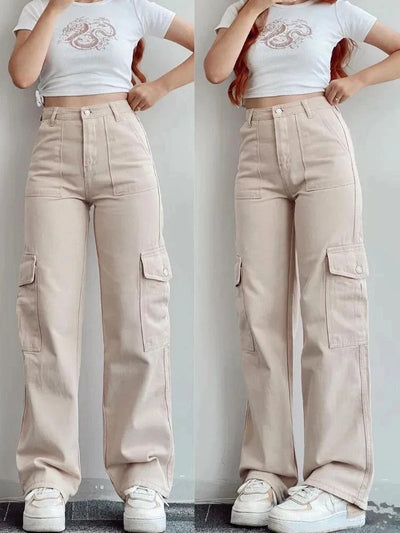 Women's vintage high waist cargo pants with straight legs
