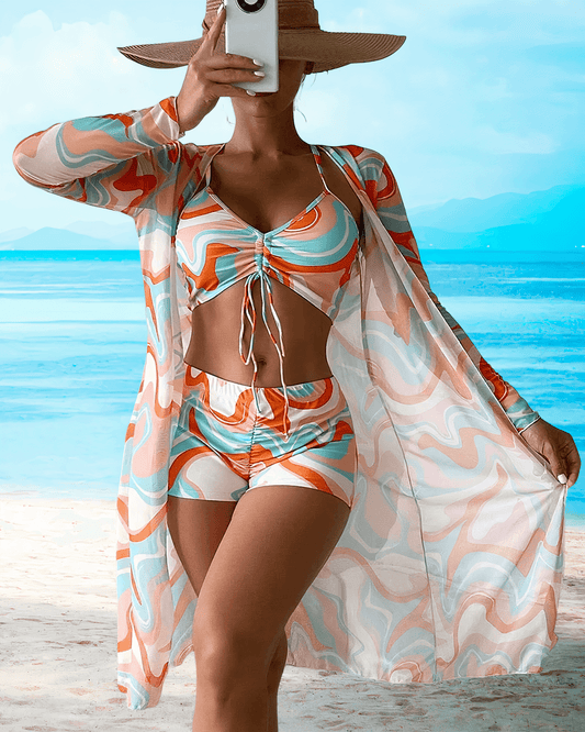 Women's 3-Piece Beachwear Set - Sheer Long Cardigan - Ruched Bikini Top - High-Waist Shorts