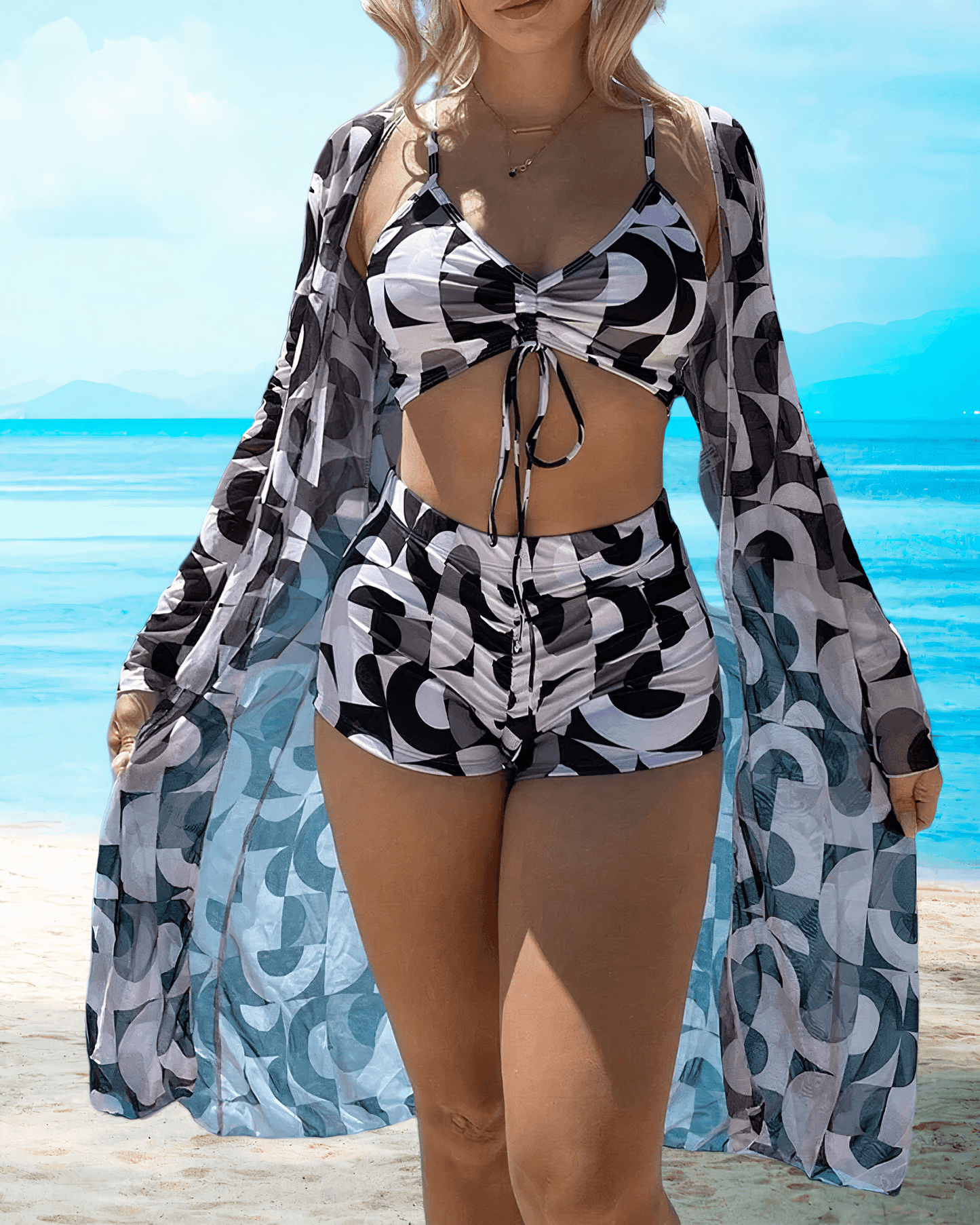 Women's 3-Piece Beachwear Set - Sheer Long Cardigan - Ruched Bikini Top - High-Waist Shorts