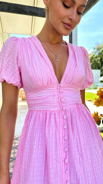 Women's Checked V-Neck Maxi Dress Puff Sleeves Buttons Casual Summer Dress