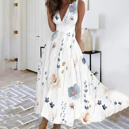 Women’s Maxi Dress – Floral Print – Sleeveless – Deep V-Neck – Breathable Blend – Relaxed Fit