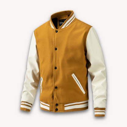 Men’s Varsity Jacket – Wool Blend Body – Faux Leather Sleeves – Classic Fit – Snap Front