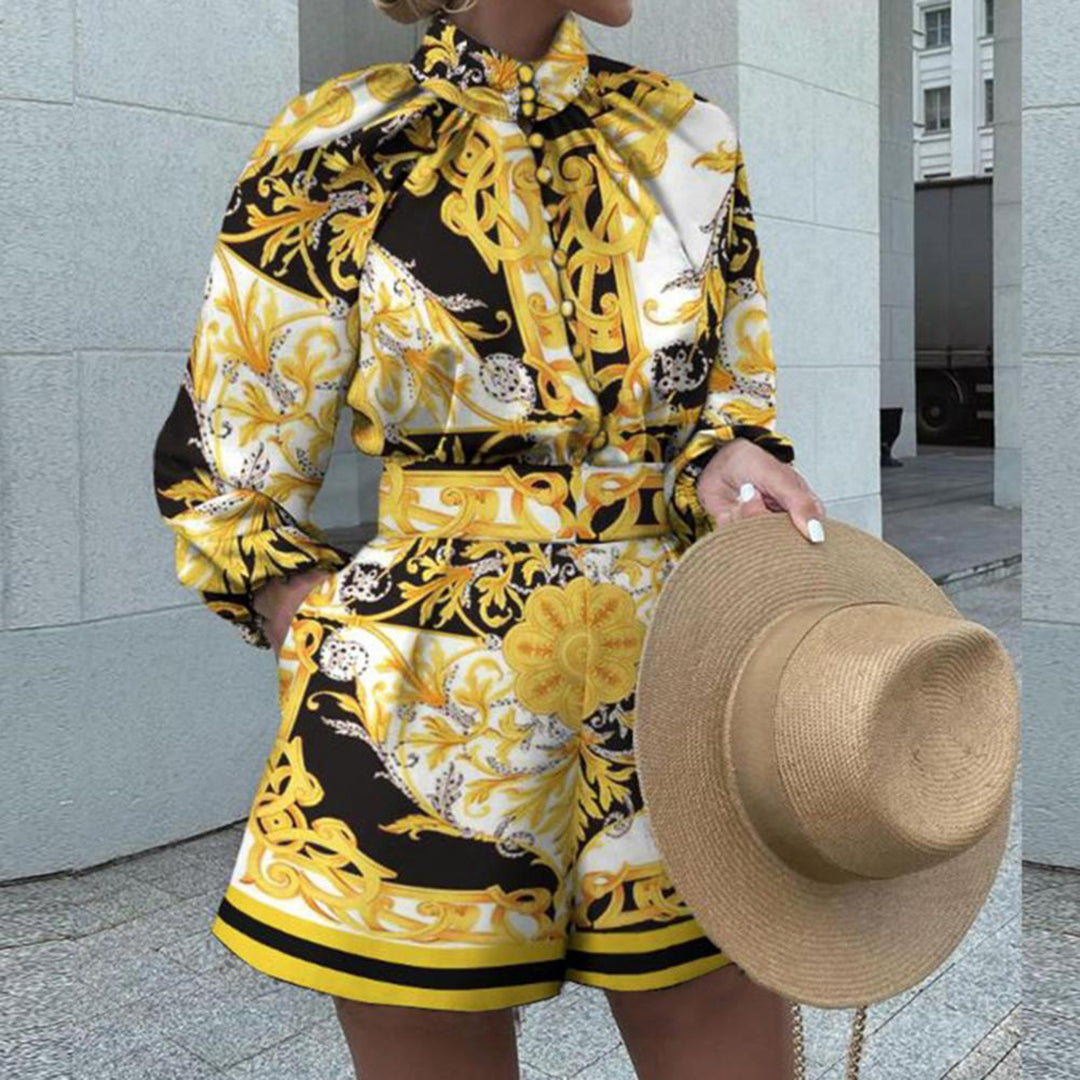 Women’s Top and Short Set – Tailored Fit – High Neck – Puff Sleeve – Breathable Blend – Abstract Print