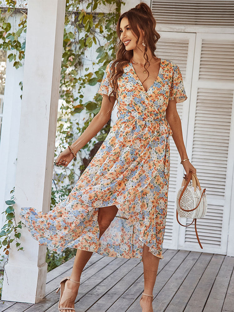 Women's Wrap Midi Dress - V-Neck - Short Flutter Sleeves - Asymmetrical Hem
