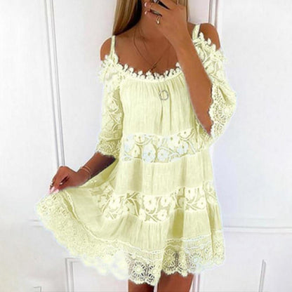 Women's Off-Shoulder Dress - Lace Detailing - Flowy Fit - Three-Quarter Sleeves