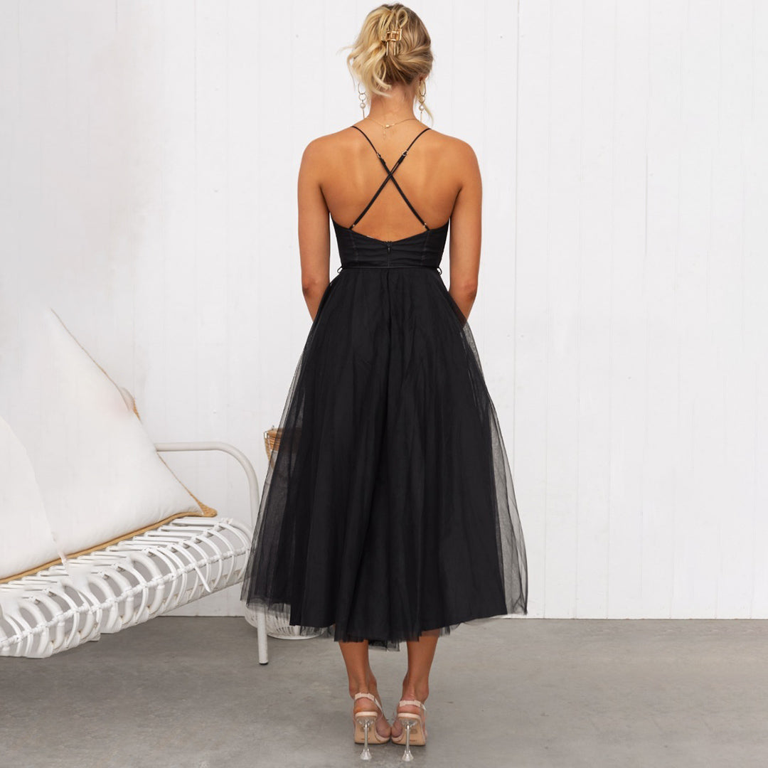 Women’s Midi Dress – Fitted Bodice – A-Line Silhouette – Sheer Layer