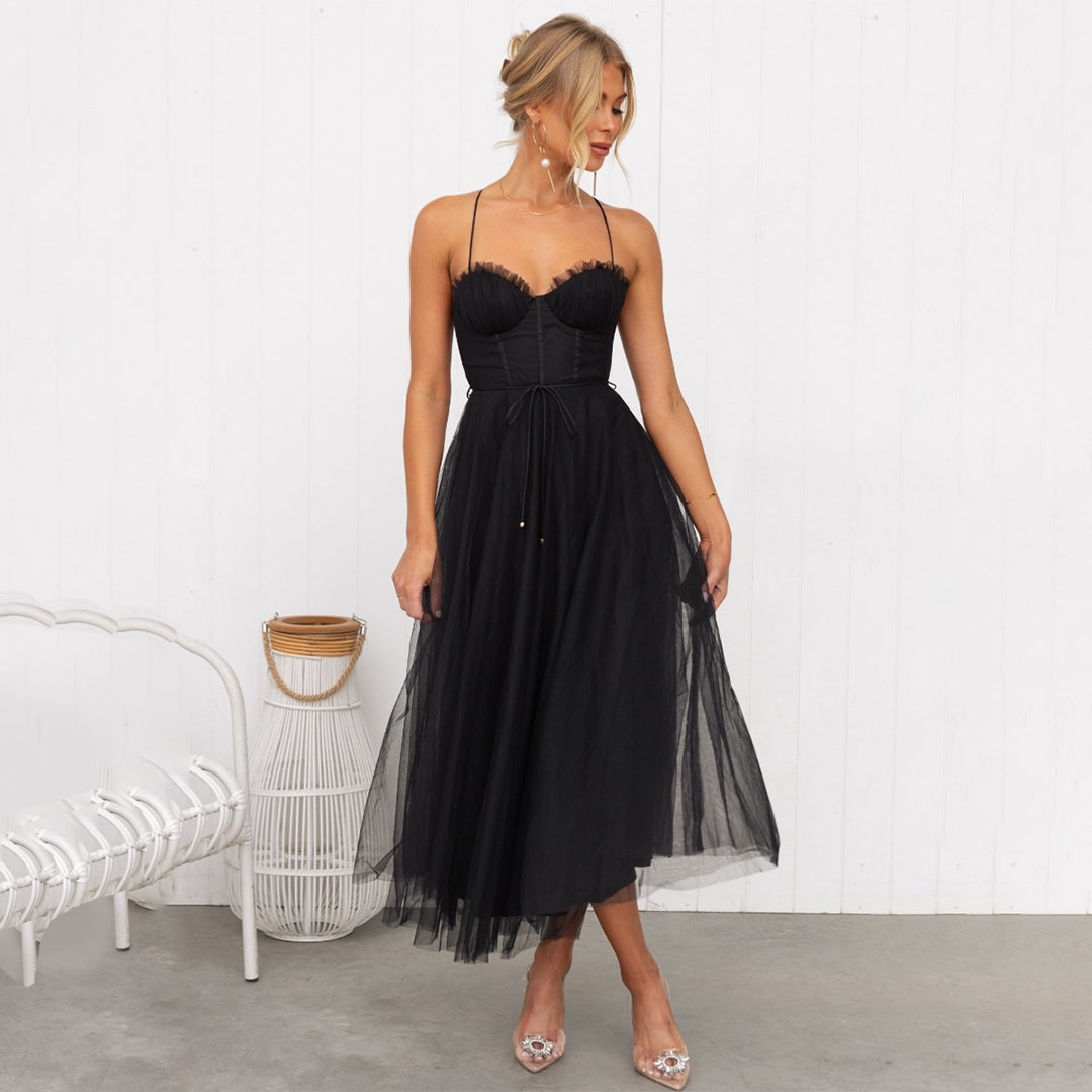 Women’s Midi Dress – Fitted Bodice – A-Line Silhouette – Sheer Layer