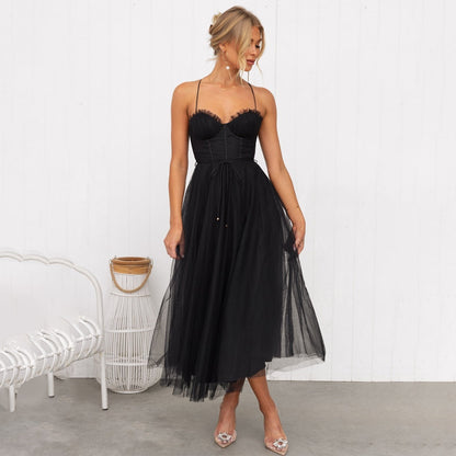 Women’s Midi Dress – Fitted Bodice – A-Line Silhouette – Sheer Layer
