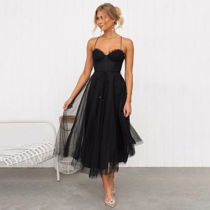 Women’s Midi Dress – Fitted Bodice – A-Line Silhouette – Sheer Layer