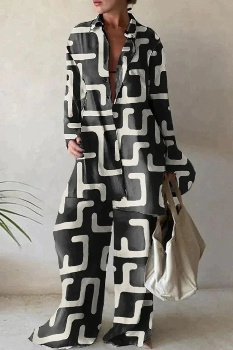 Women's Coordinated Set - Button-Up Shirt & Wide-Leg Pants - Relaxed Fit - Abstract Pattern
