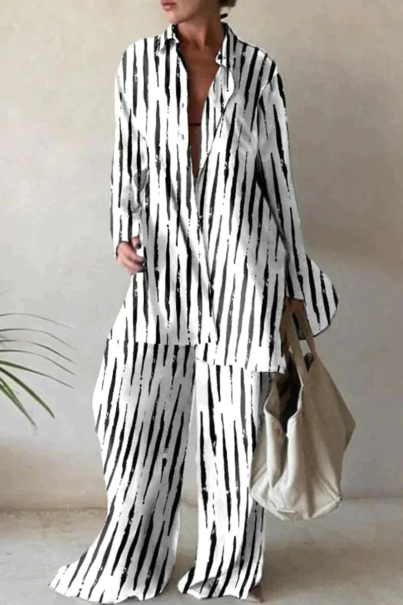 Women's Coordinated Set - Button-Up Shirt & Wide-Leg Pants - Relaxed Fit - Abstract Pattern