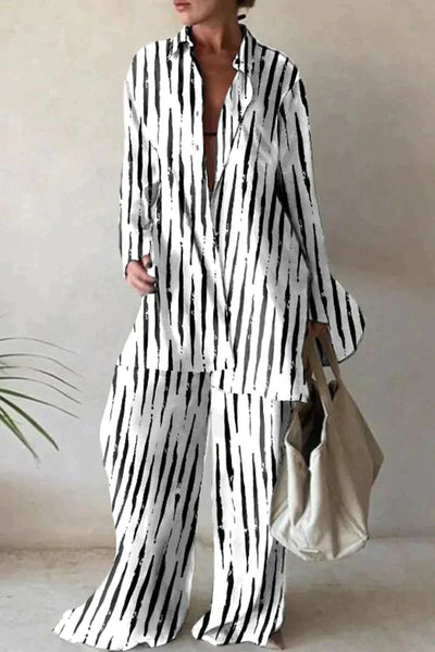 Women's Coordinated Set - Button-Up Shirt & Wide-Leg Pants - Relaxed Fit - Abstract Pattern