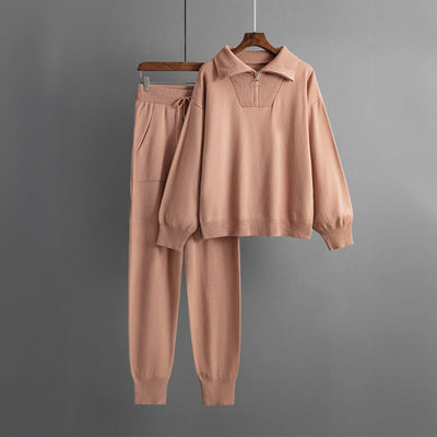 Women's Knitted Lounge Set - Polo Collar Sweater & Jogger Trousers - Soft & Comfortable