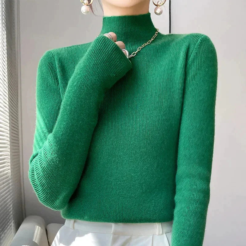 Women's knit sweater with half turtleneck and long sleeves