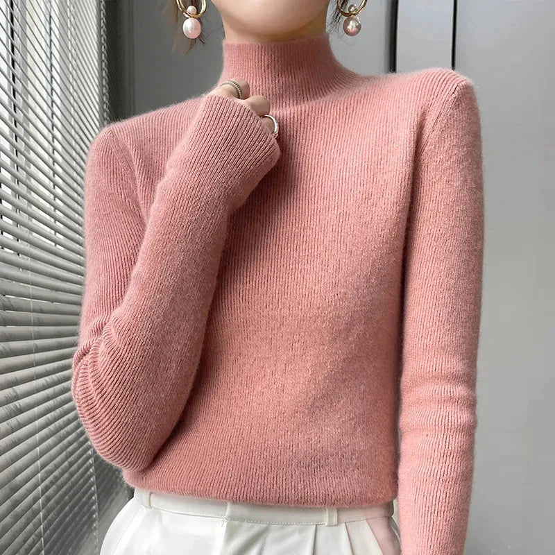 Women's knit sweater with half turtleneck and long sleeves