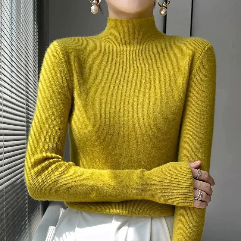 Women's knit sweater with half turtleneck and long sleeves